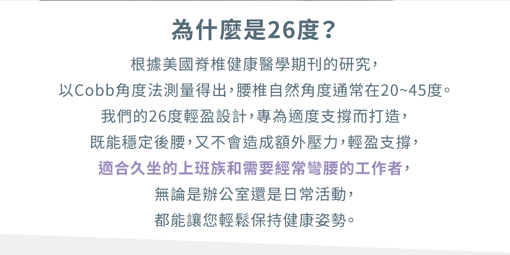 根據美國及追健康醫學期刊的研究進行弧度的設定,適合久坐常彎腰的工作者""