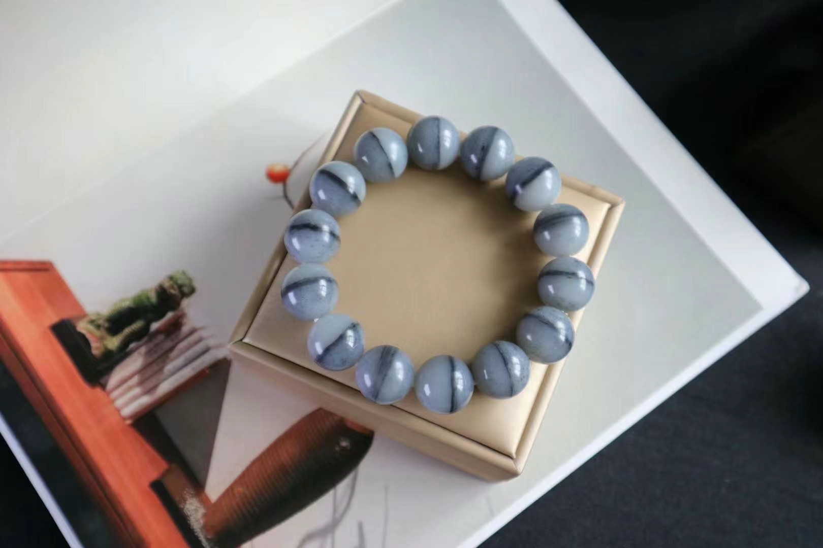 和田玉青花籽料一線天手串 (16mm直徑),天然和田玉軟玉