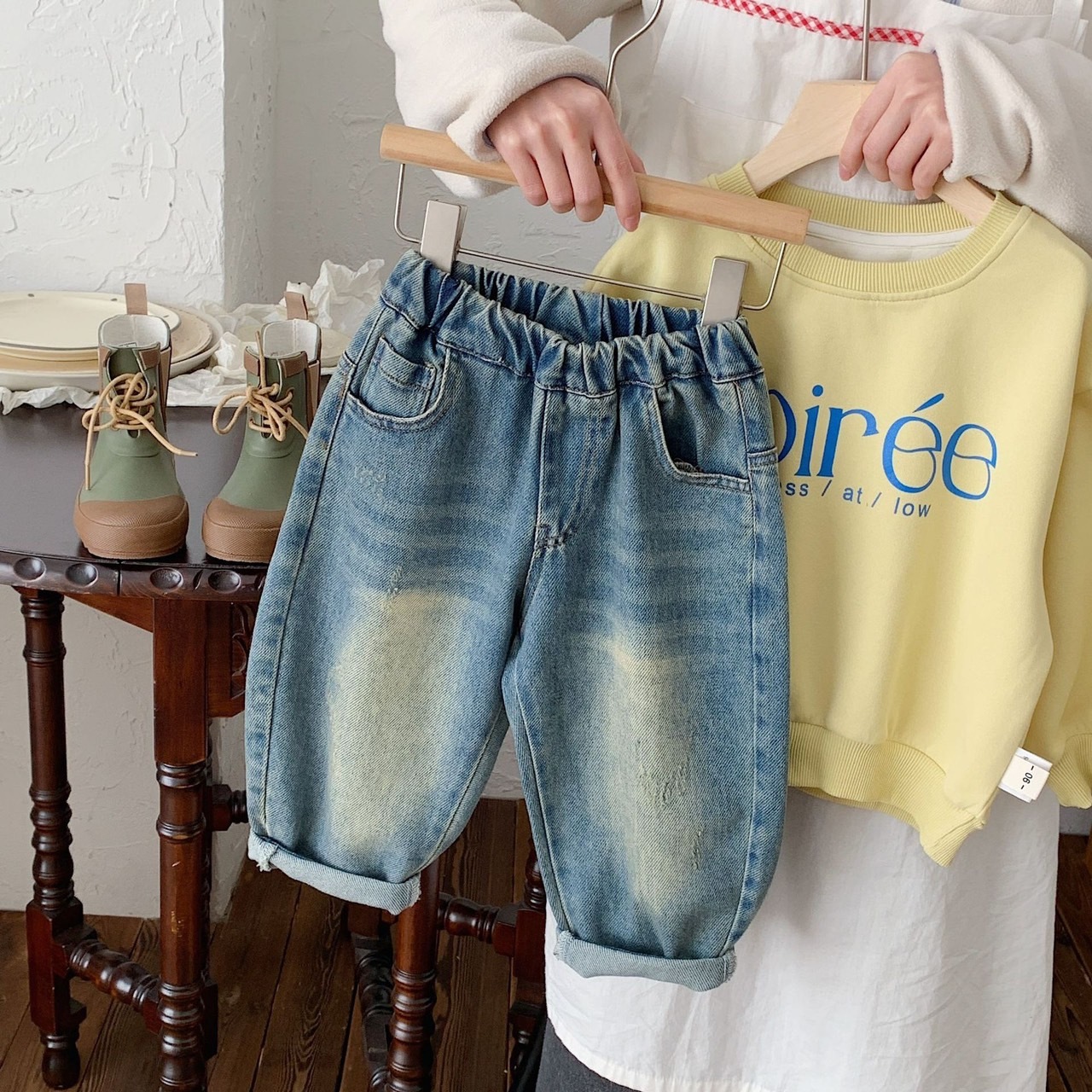 復古刷白小怪獸牛仔褲