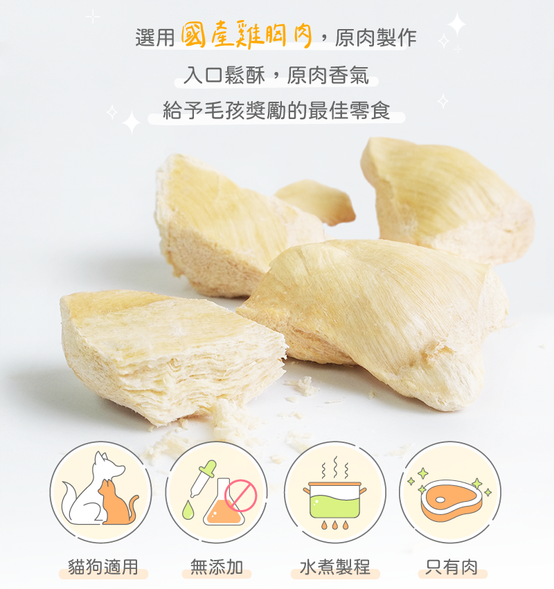 使用國產雞胸肉、貓狗適用、無添加、經水煮製程、只有肉