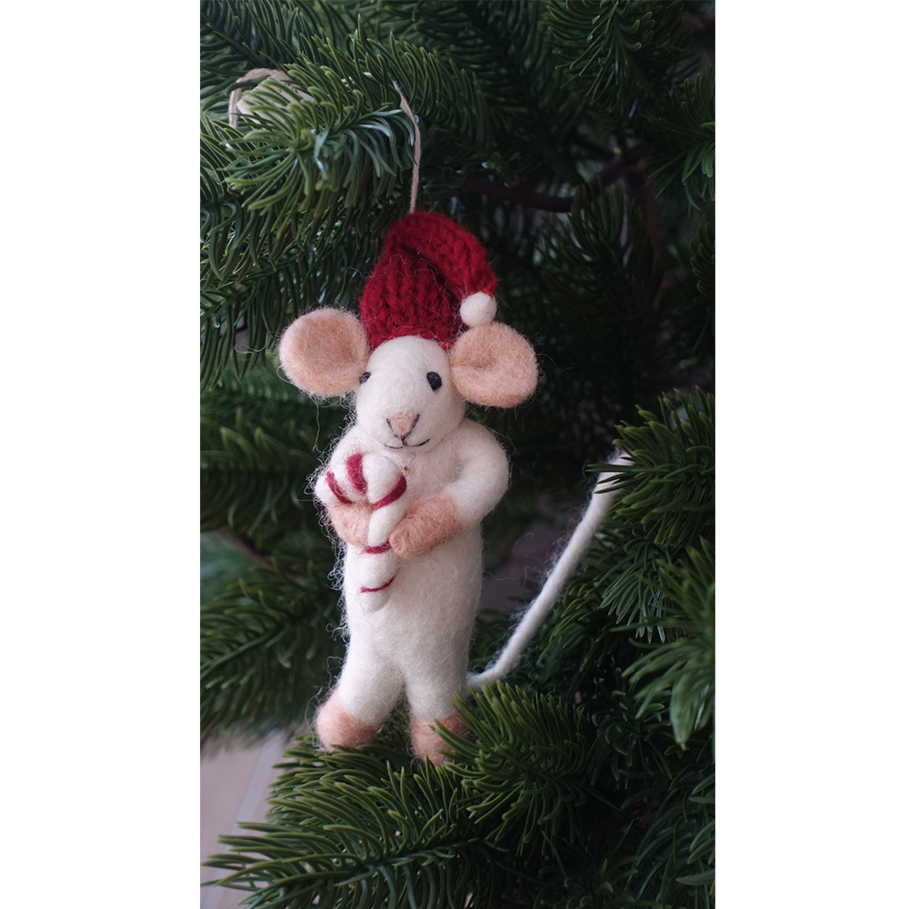 丹麥Gry&Sif 聖誕掛飾-White Mouse w/Candy Cane(10621)