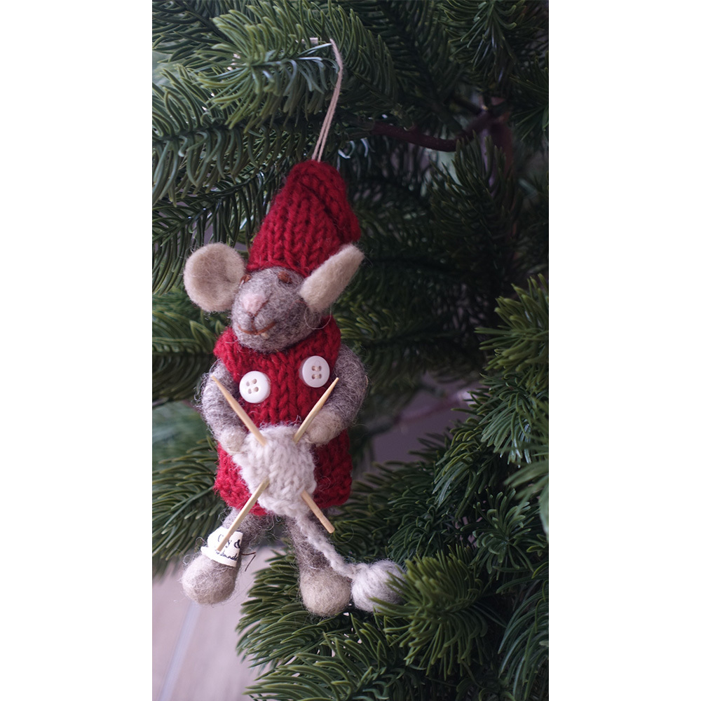 丹麥Gry&Sif 聖誕掛飾-Small Grey Girly Mouse w/Knitting(20322)