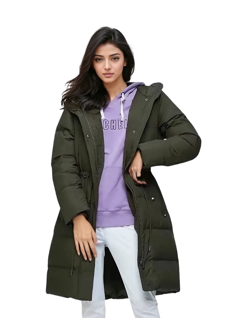 LÄCHELN雷訊真機能女連帽修身長版過膝羽絨90/10 羽絨保暖系列