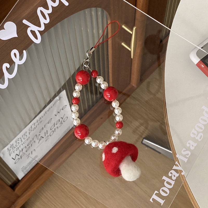 《5183》大紅蘑菇傘珠珠手機掛飾