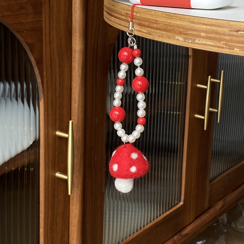 《5183》大紅蘑菇傘珠珠手機掛飾