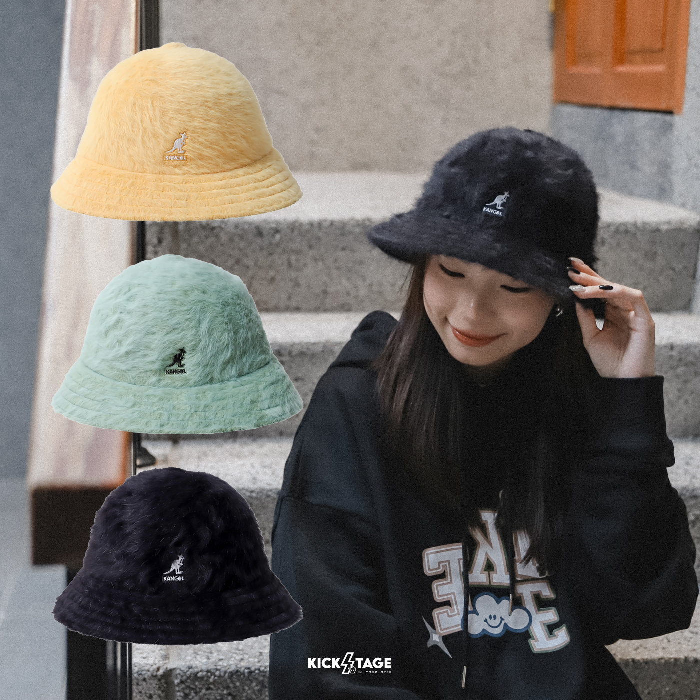 KANGOL FURGORA CASUAL 黑色草綠色黃色安哥拉兔毛毛絨英國袋鼠鐘 KANGOL FURGORA CASUAL 黑色草綠色黃色安哥拉兔毛毛絨英國袋鼠鐘