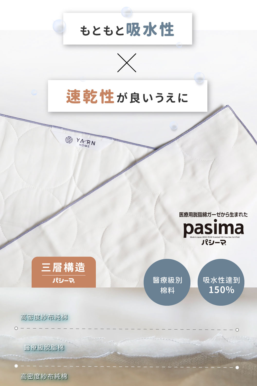 《YARN HOME》日本製pasima純棉吸水速乾方巾