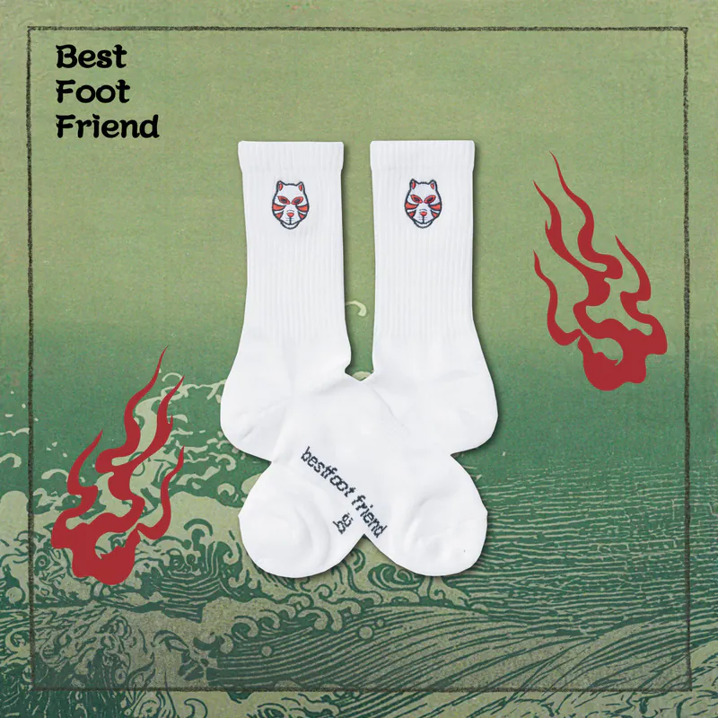BFF Best foot friend Kitsune mask_OV_狐面 刺繡 中筒襪 長襪【BF24014】