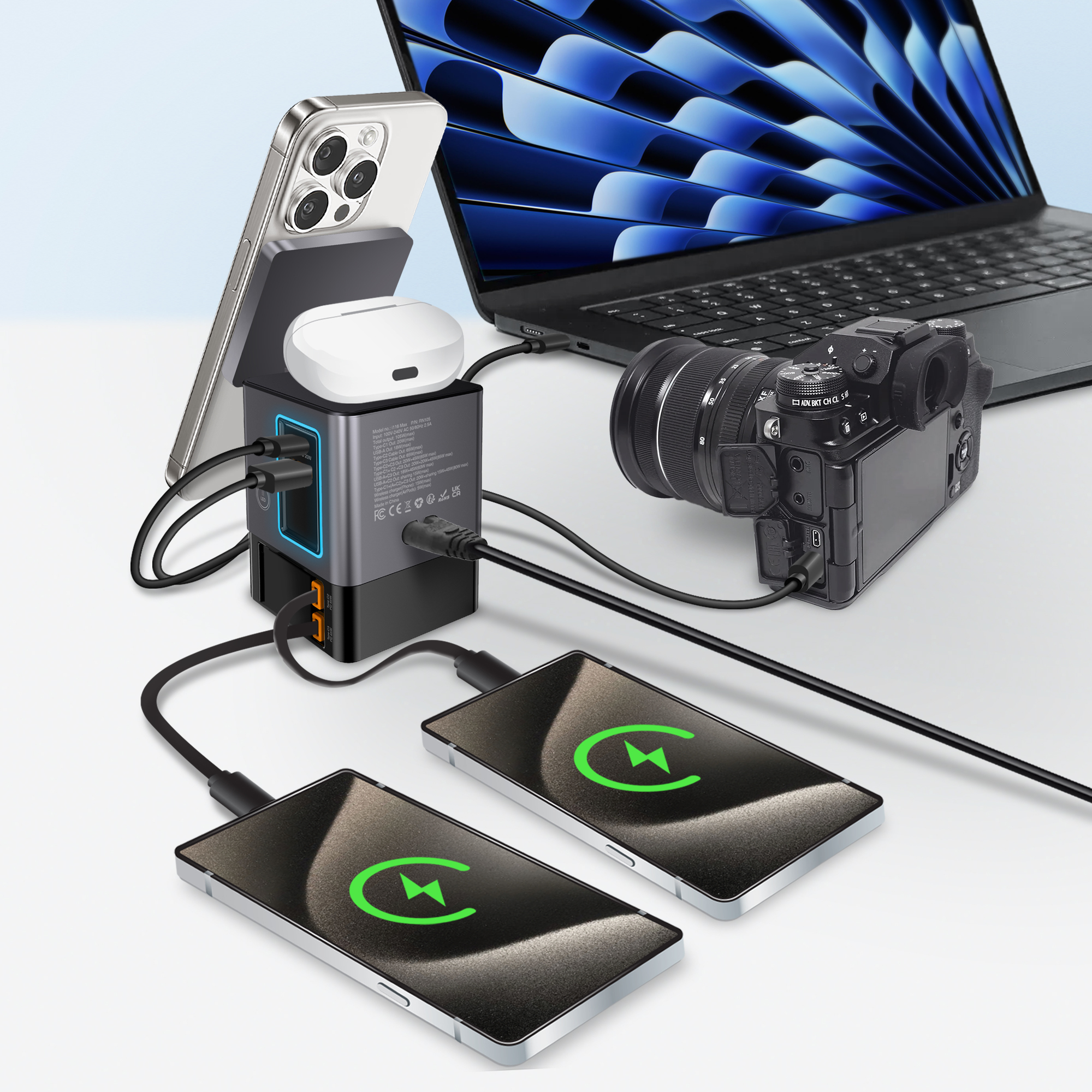 XPower RN105  Qi2 6輸出 105W GaN 雙無線快充+雙內置伸縮線塔式充電器