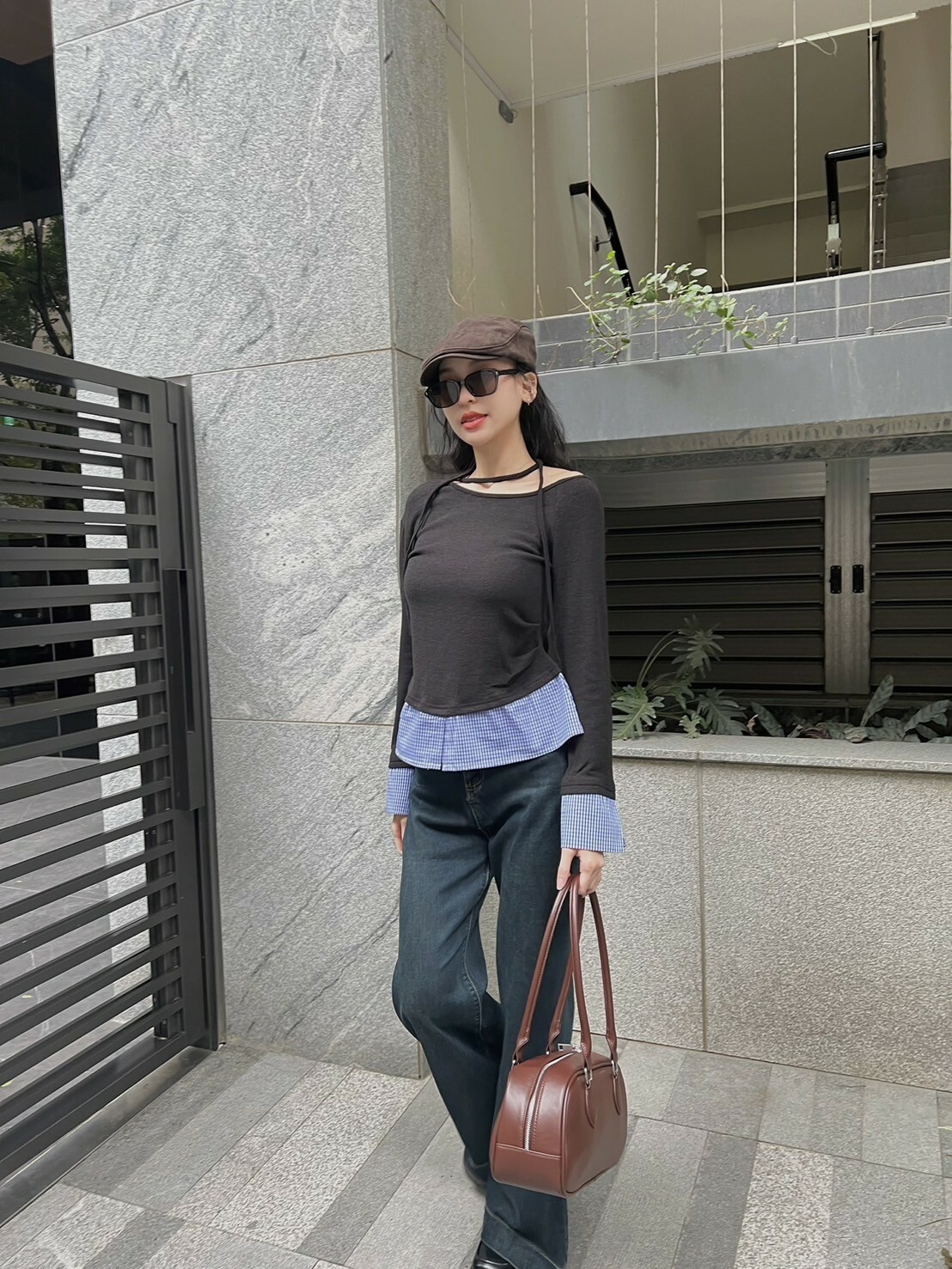 綁繩假兩件格紋上衣/二色