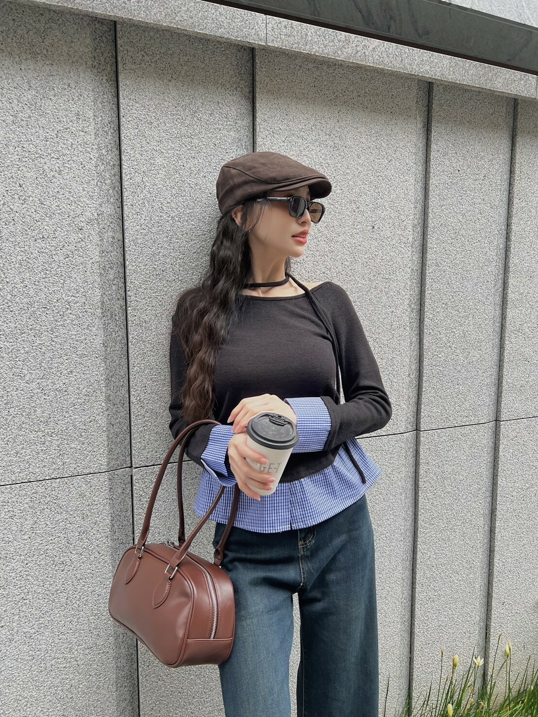 綁繩假兩件格紋上衣/二色