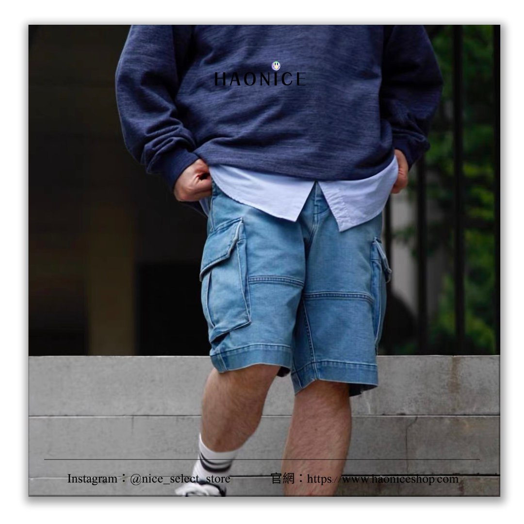 【NICE 歐美日韓代購】日單 Webbing Belt coolmax 紫標藍染水洗牛仔工裝口袋短褲 工裝風必備