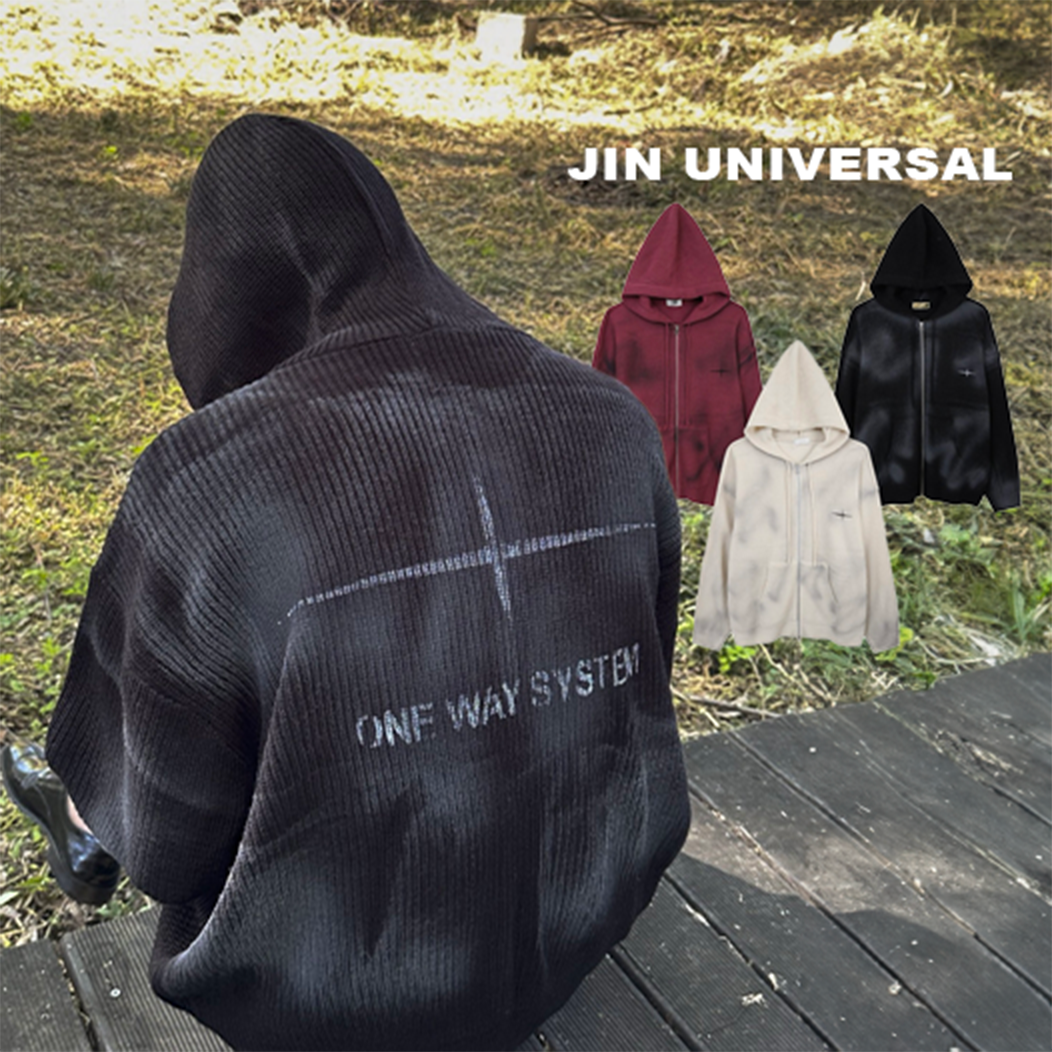 JIN UNIVERSAL🇰🇷 漸層 直紋 針織十字星外套 刷色 連帽外套 短身 雙拉鍊