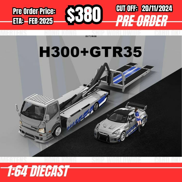PO-$380 * Time Micro * 1:64 Nissan GTR R35 LB Silver Blue + HINO 300 Flat Bed Tow Truck [OD12/11]