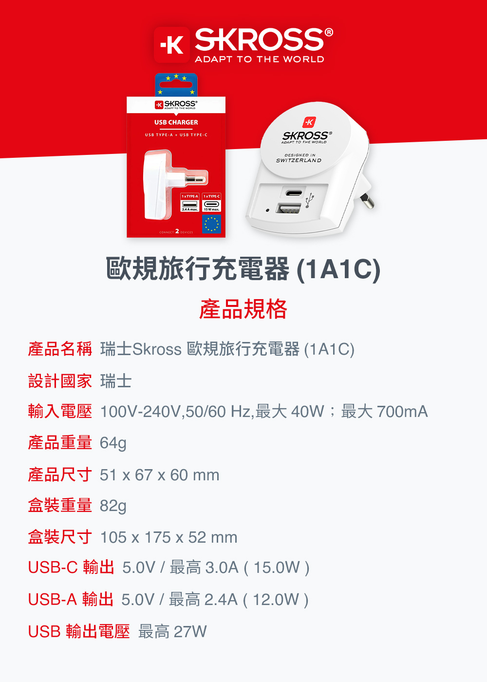 SKROSS®    SKROSS TO THE WORLDUSB HARGERUSB TYPE AUSB TYPECKSKROSS®ADAPT TO THE WORLD1TYPE-A 1TYPE-C A maxCONNECT  DESIGNED INSWITZERLAND歐規旅行充電器產品規格產品名稱 瑞士Skross 歐規旅行充電器1A1C)設計國家 瑞士100V-240V,5060 , 40W 700mA產品重量 64gR51 x 67 x 60 盒裝重量 82gR 105 x 175 x 52 mmUSB-C3.0A (15.0W)USB-A/2.4A (12.0W)USB 輸出電壓 最高 27W