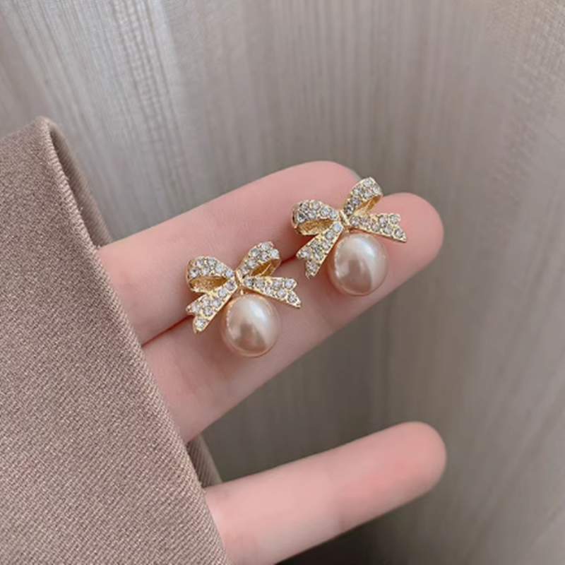 滿鑽蝴蝶結珍珠耳環