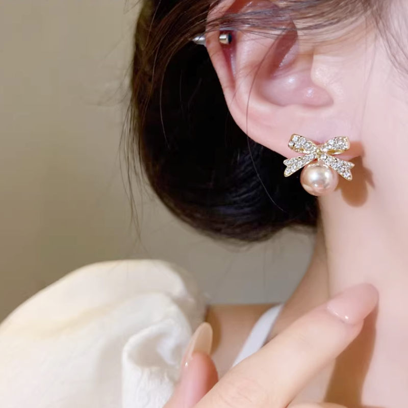 滿鑽蝴蝶結珍珠耳環