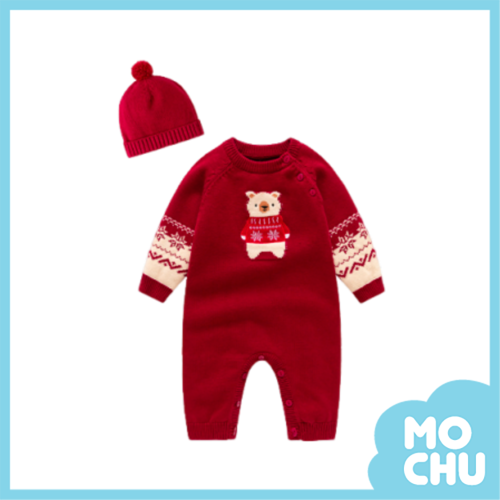 雪花圍巾熊針織連身衣