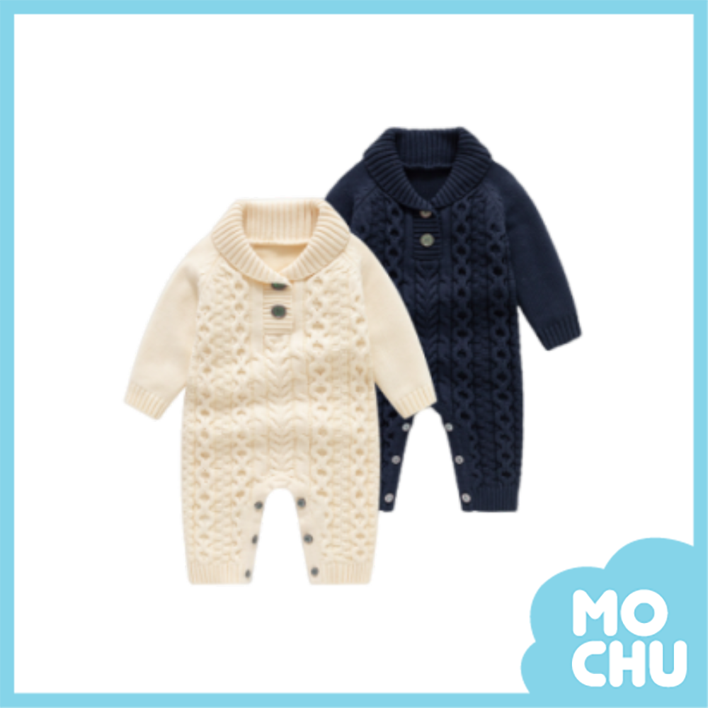 麻花翻領雙釦針織連身衣