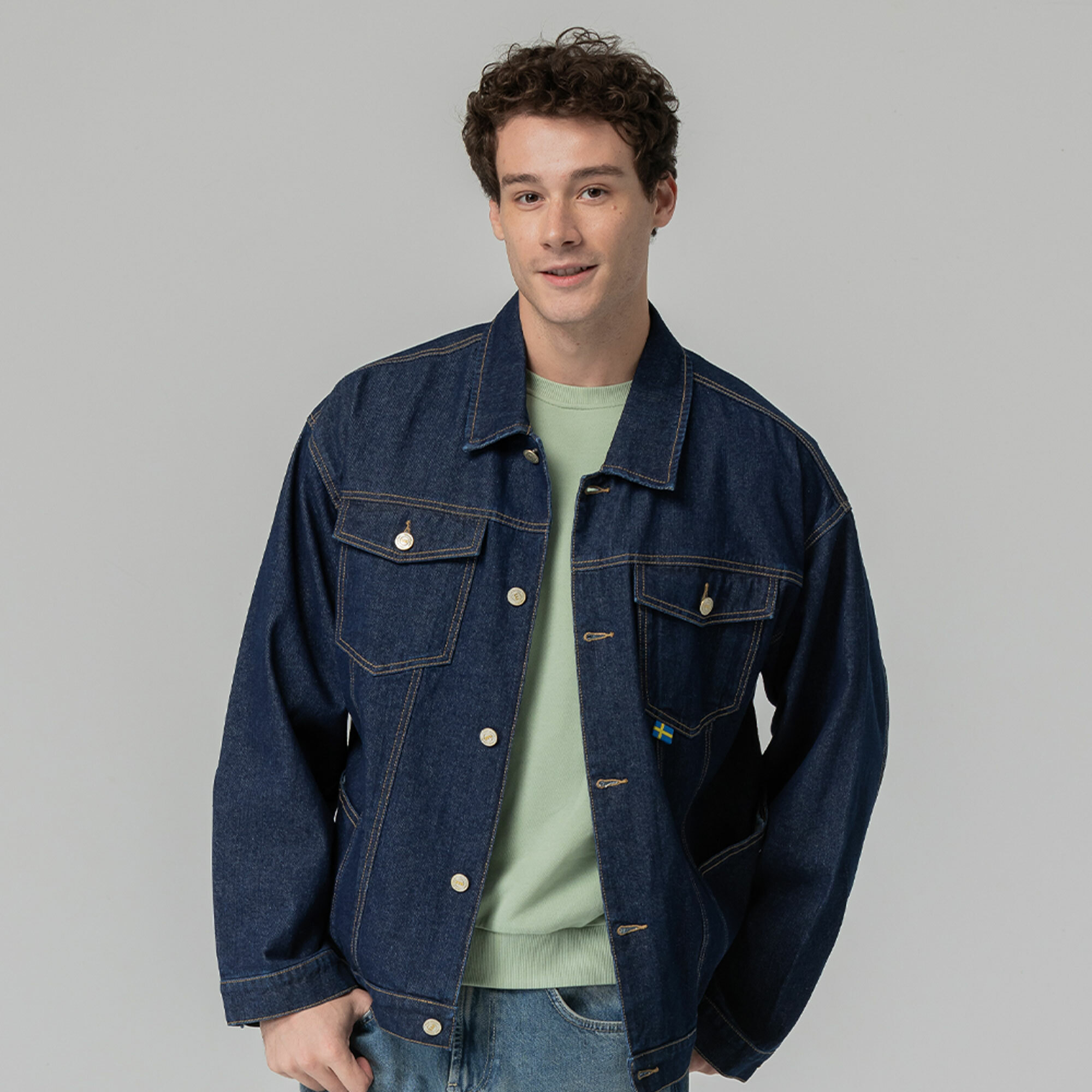 moz瑞典 駝鹿 牛仔外套+可拆式背心(深藍) 男款