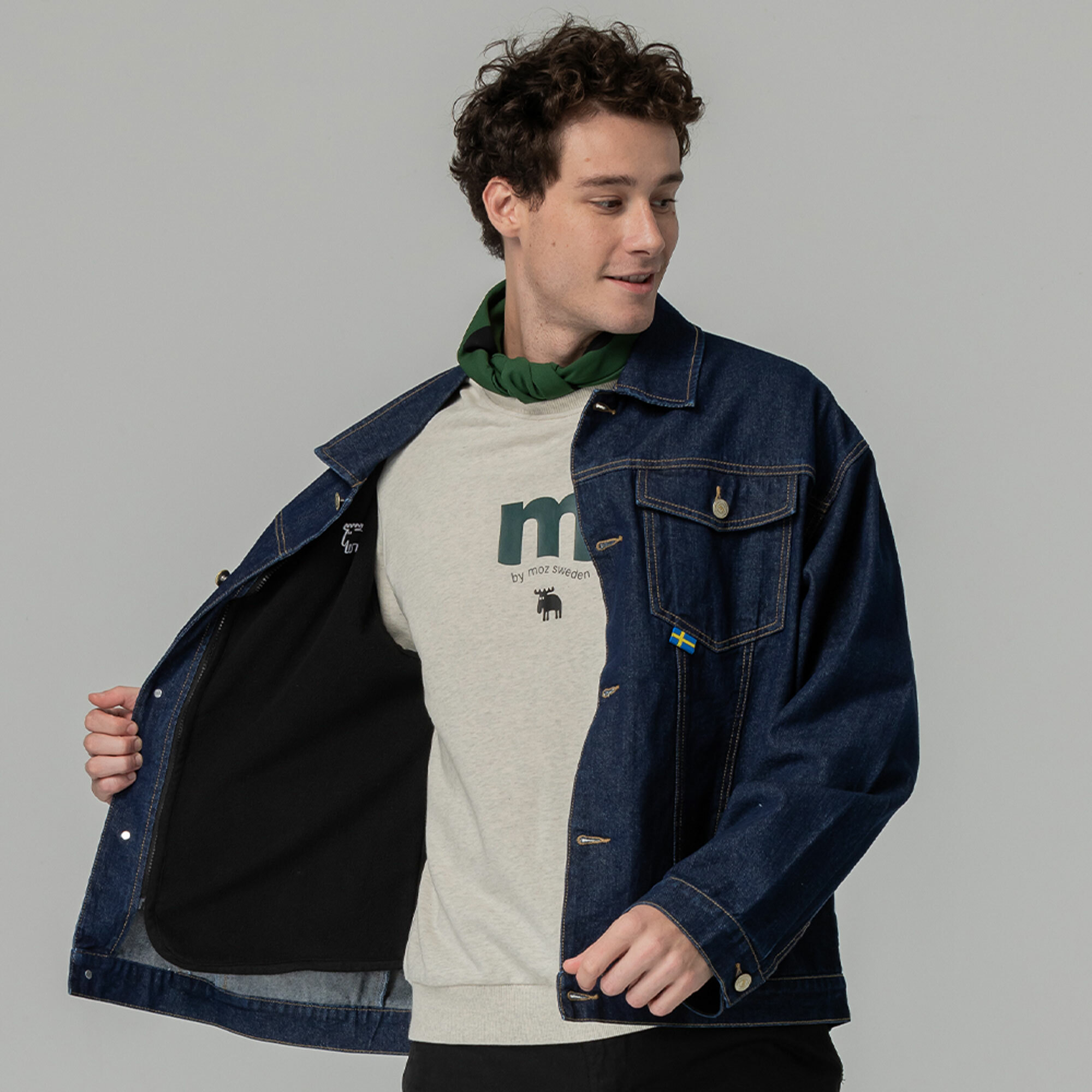 moz瑞典 駝鹿 牛仔外套+可拆式背心(深藍) 男款