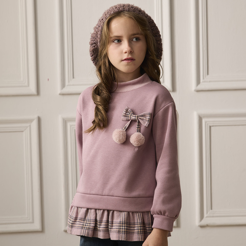 PIPPY甜美款浪漫蝴蝶結立體球側身開叉剪接格紋上衣 紫