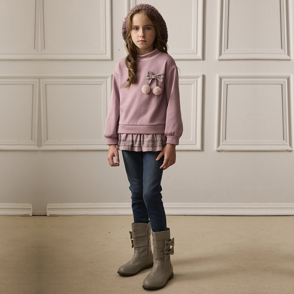 PIPPY甜美款浪漫蝴蝶結立體球側身開叉剪接格紋上衣 紫