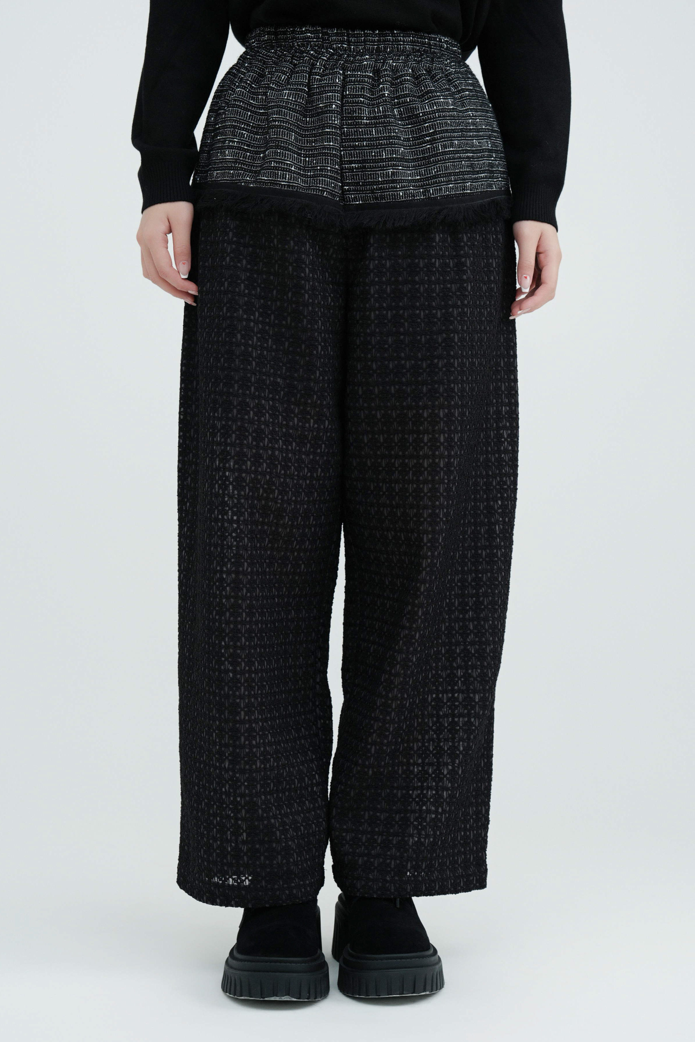 上tweed下花網格拼布闊褲（現貨款式）