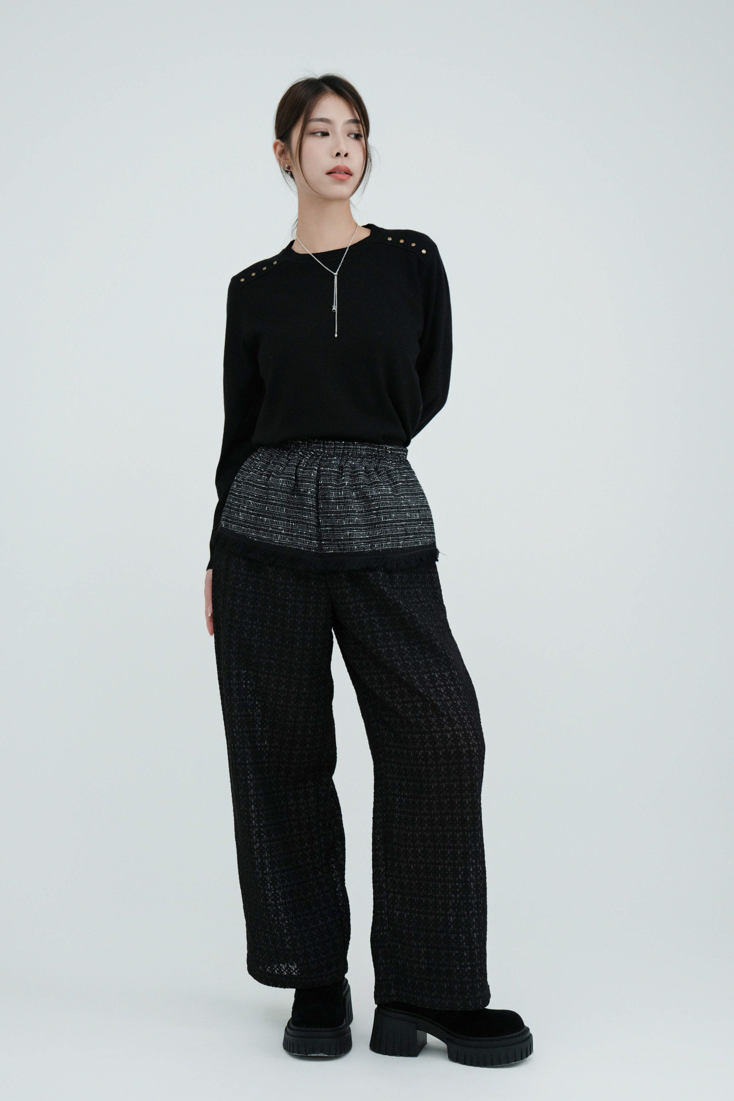 上tweed下花網格拼布闊褲（現貨款式）