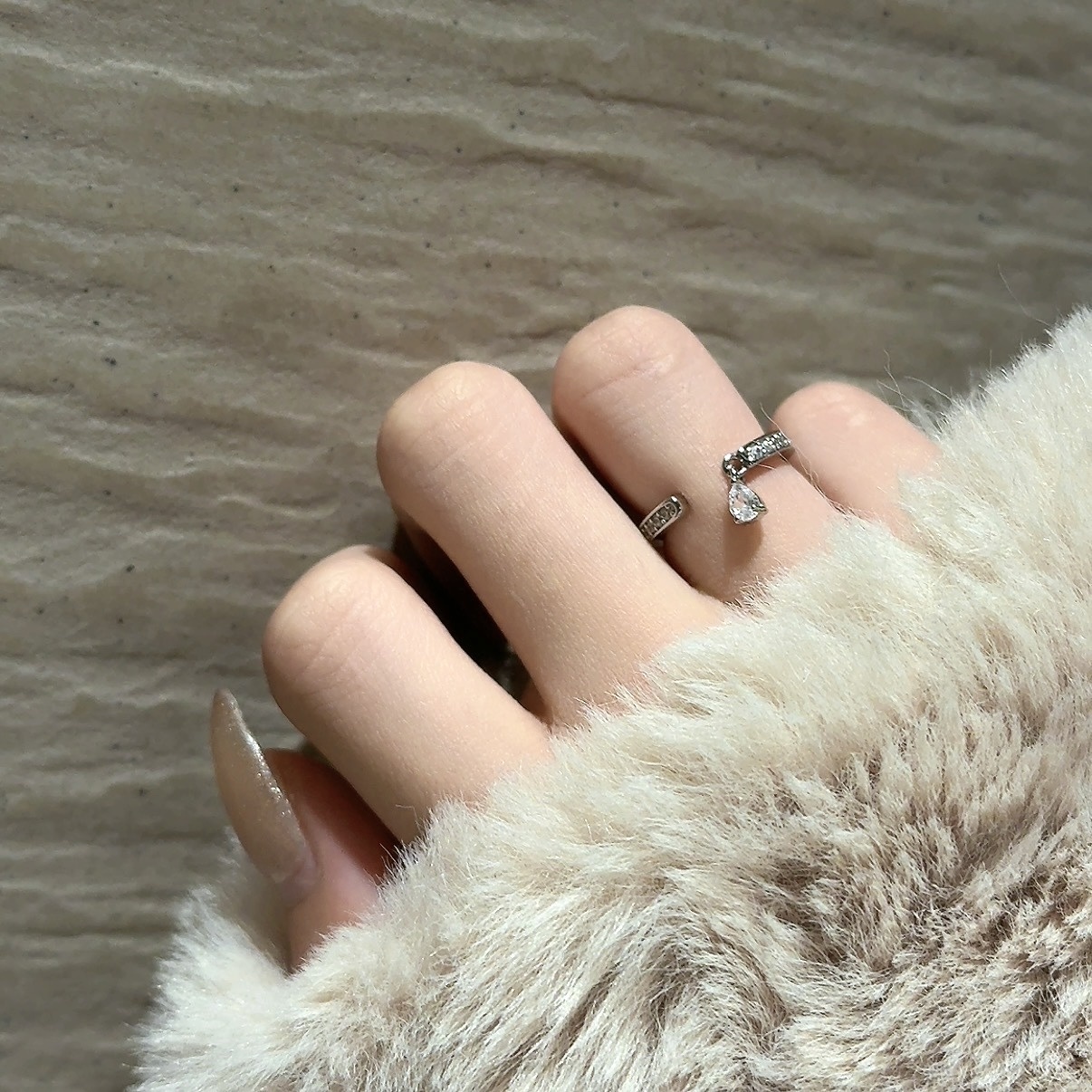 silver高級浪漫水滴鑽墜”活圍開口戒/尾戒/現貨1