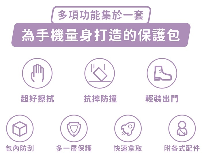 多項功能集於一套，為手機量身打造的保護包｜超好擦拭、抗摔防撞、輕裝出門、包內防刮、多一層保護、快速拿取、附各式配件