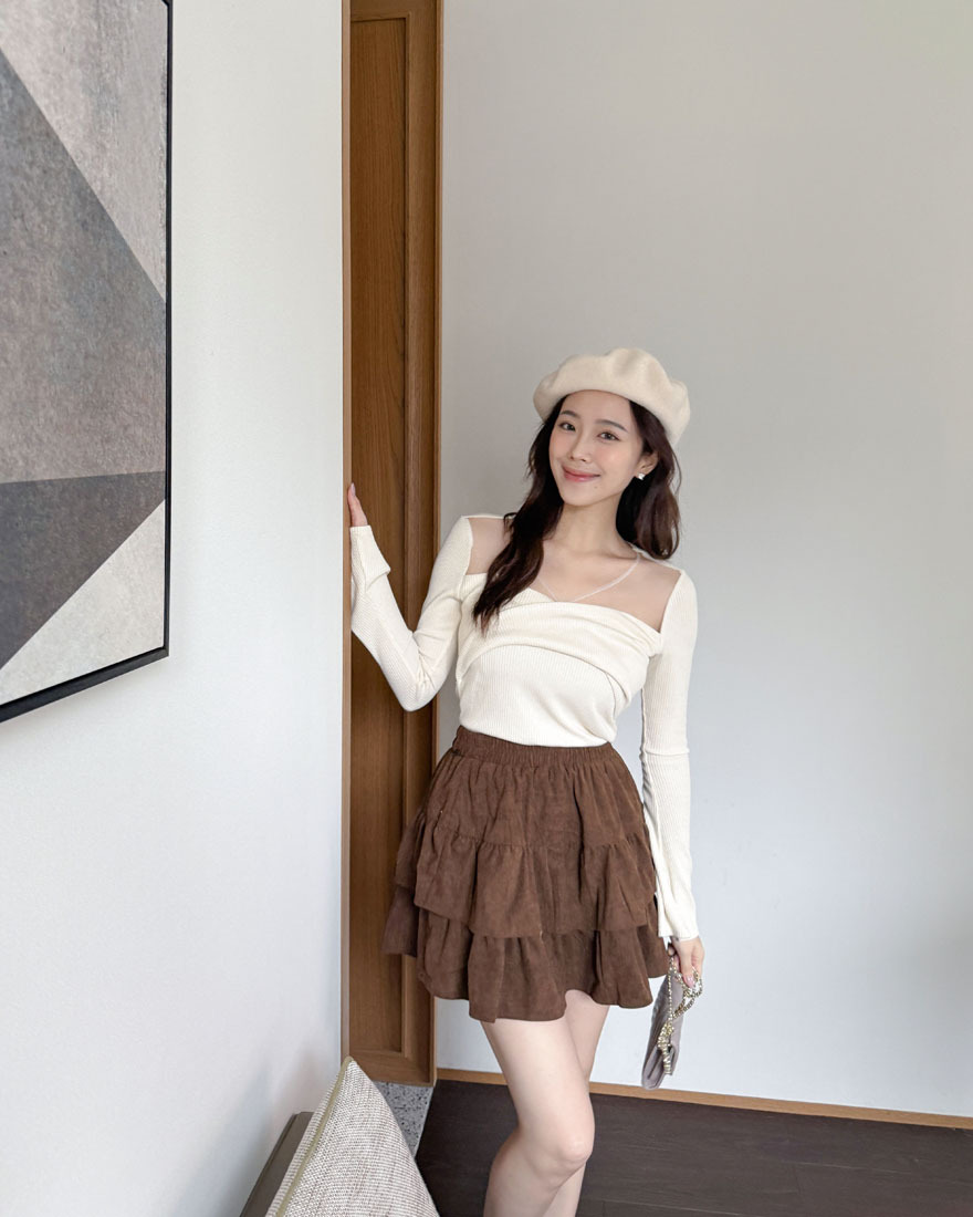 LINA LINA戀愛氣息純色絨面蛋糕褲裙-巧克力咖