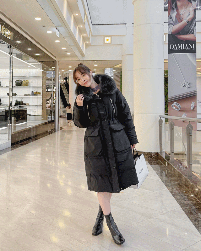 LINA LINA高尚品格蓬鬆狐狸毛羽絨外套-高級黑