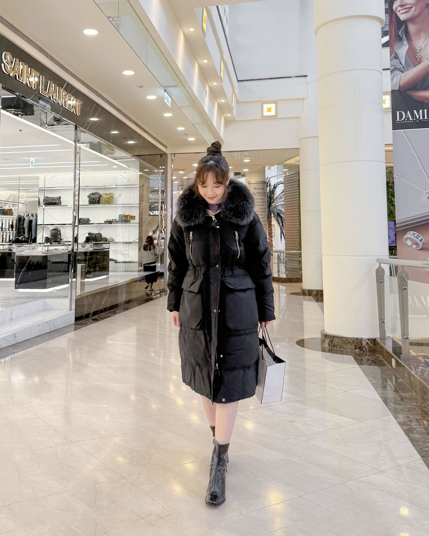 LINA LINA高尚品格蓬鬆狐狸毛羽絨外套-高級黑