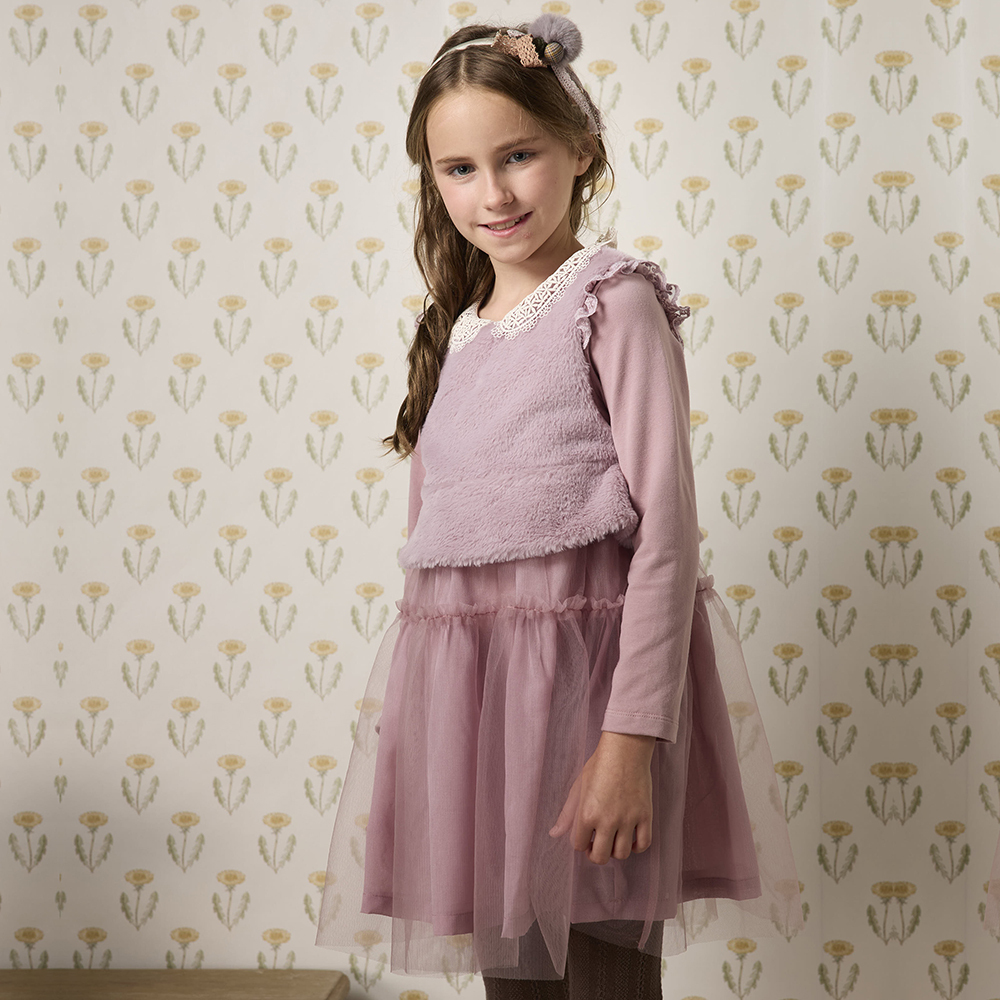 PIPPY 氣質刺繡兩件式兔狐背心網紗棉質洋裝 粉紫