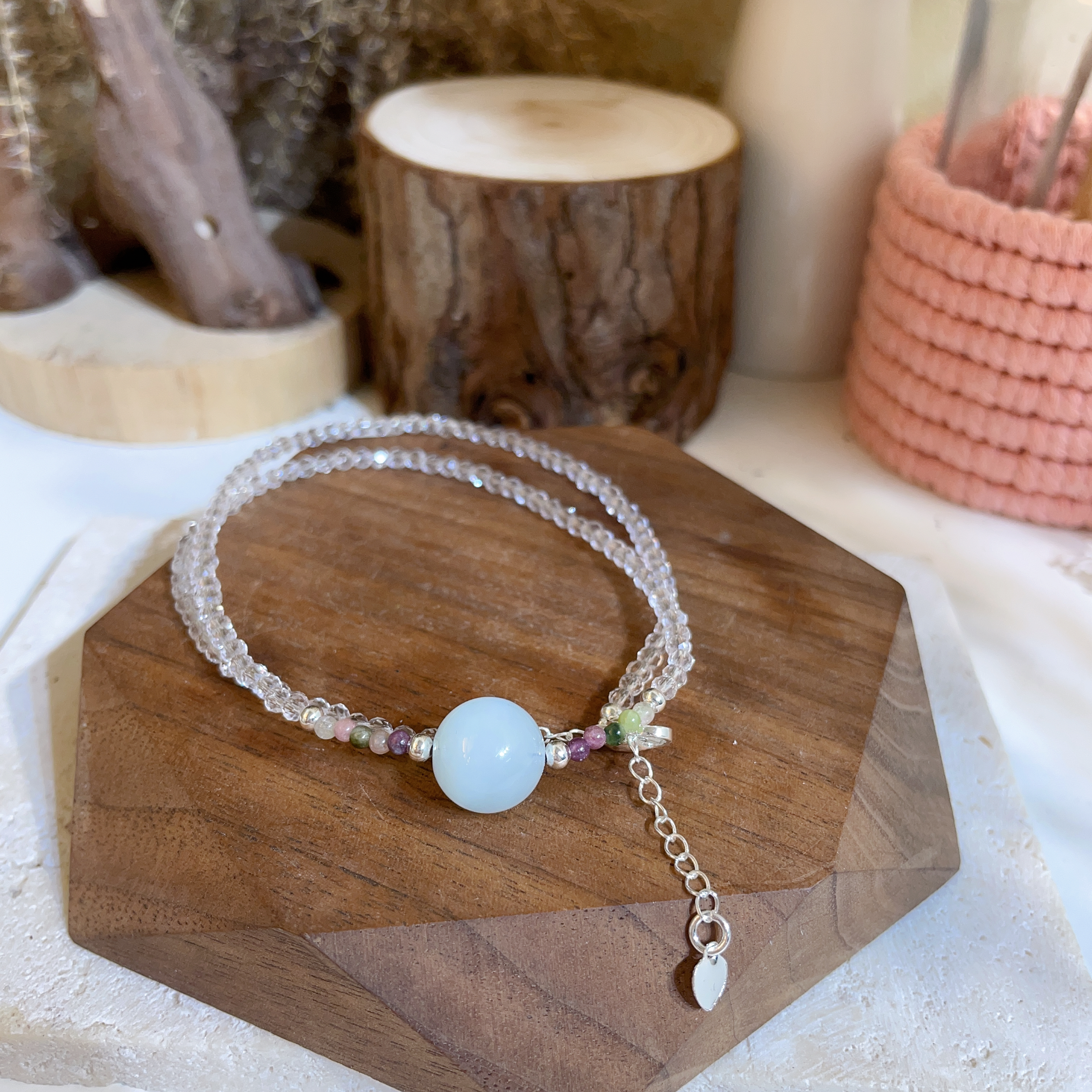 海藍寶碧壐拼白水晶頸鏈 42-45cm