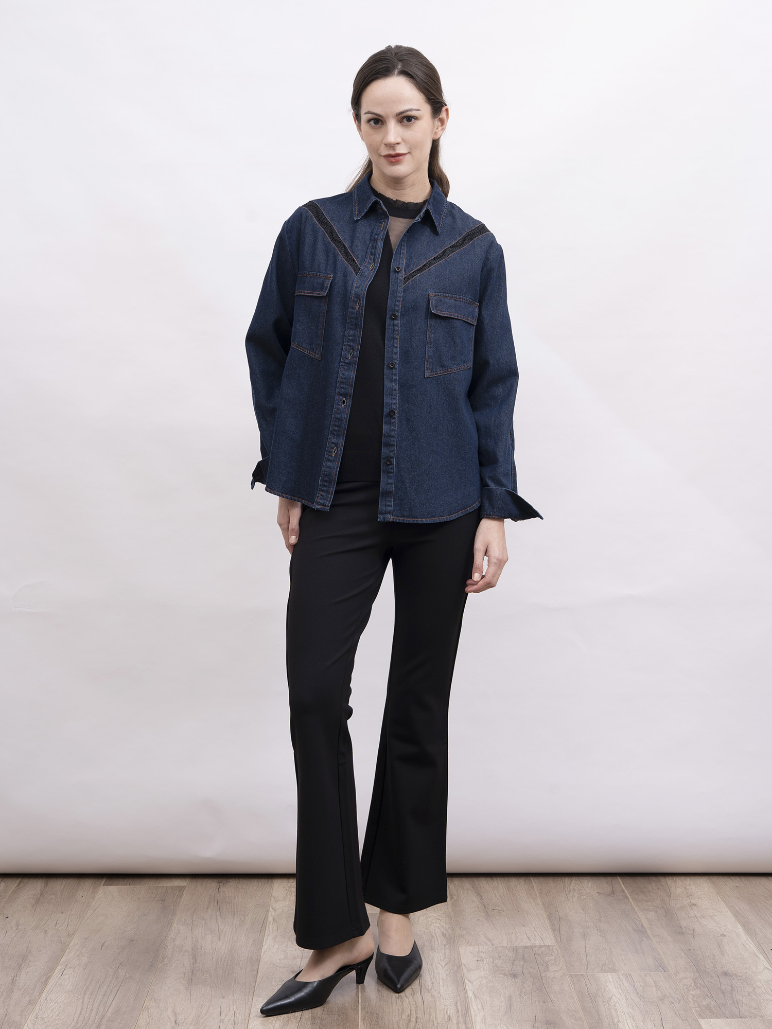 mi-tu 拼接蕾絲牛仔恤衫