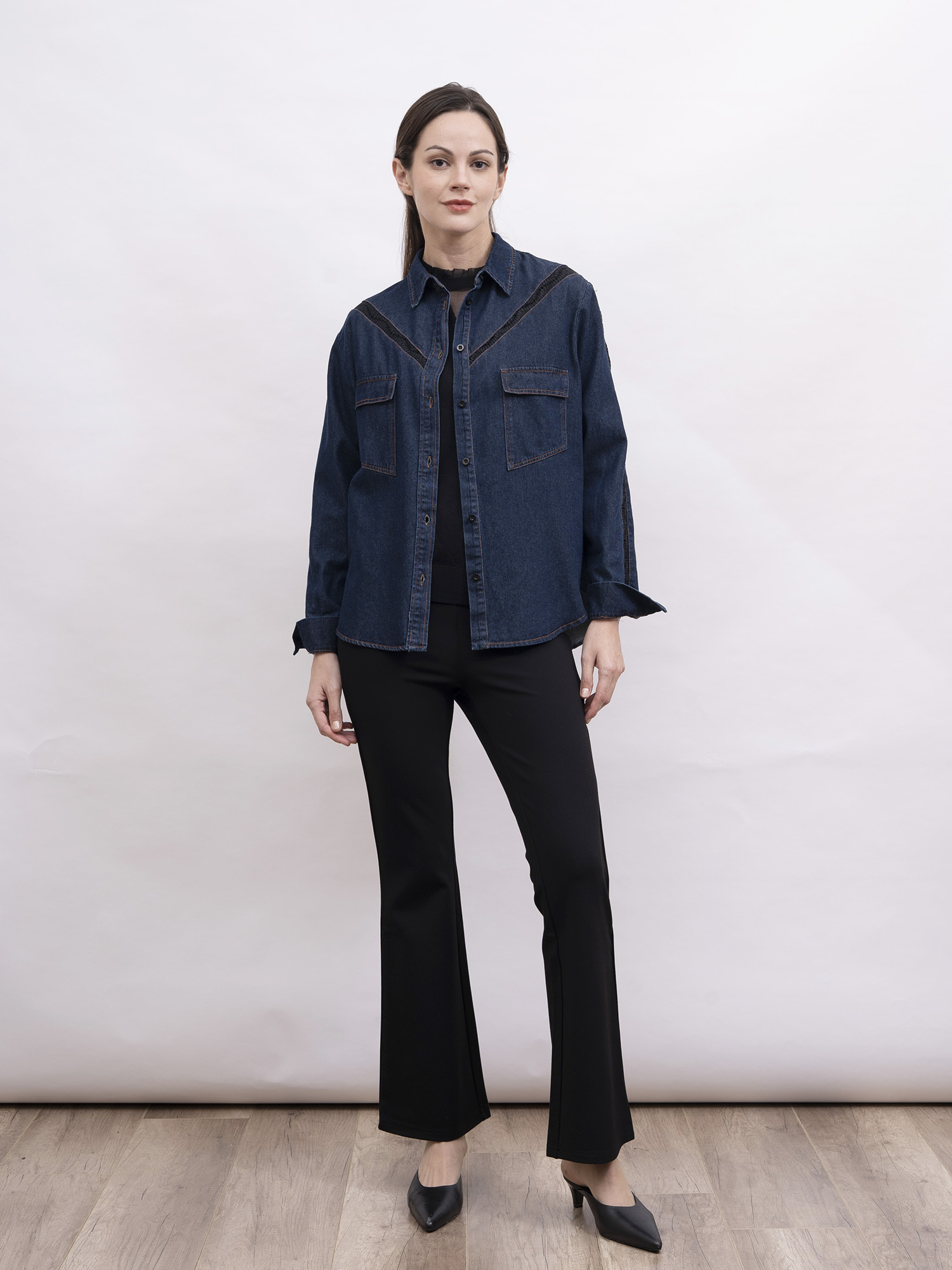 mi-tu 拼接蕾絲牛仔恤衫