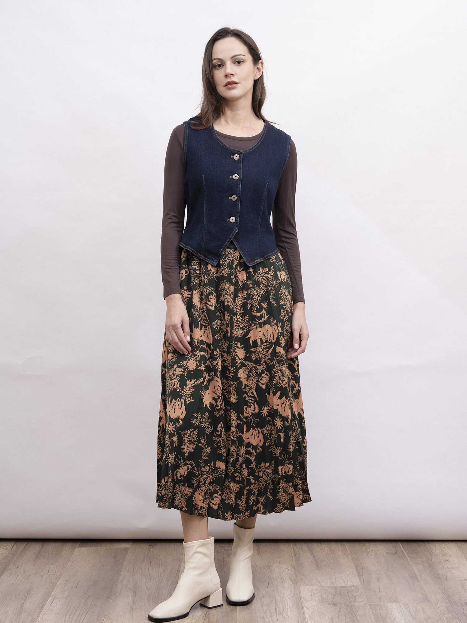 mi-tu 牛仔拼接印花背心連身裙