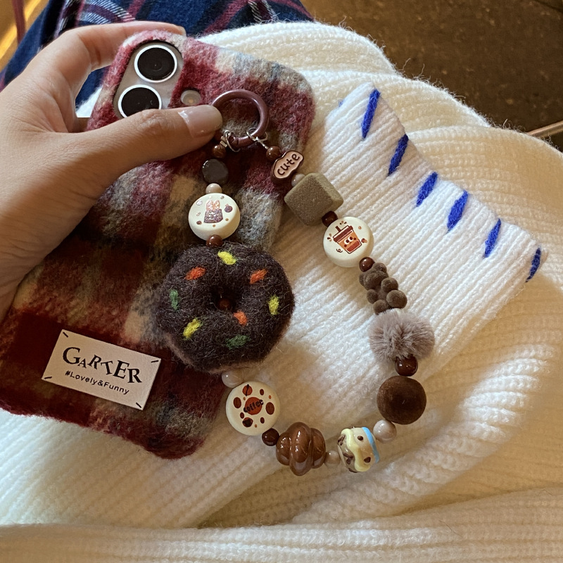 《5206》可愛毛絨絨咖啡甜甜圈手機掛繩