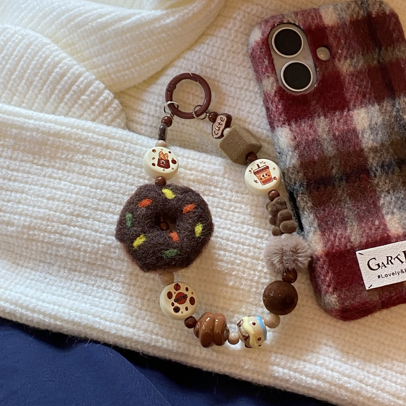 《5206》可愛毛絨絨咖啡甜甜圈手機掛繩
