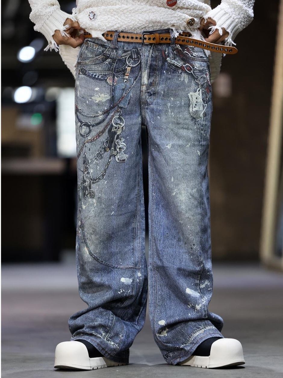 鏈條印花牛仔褲