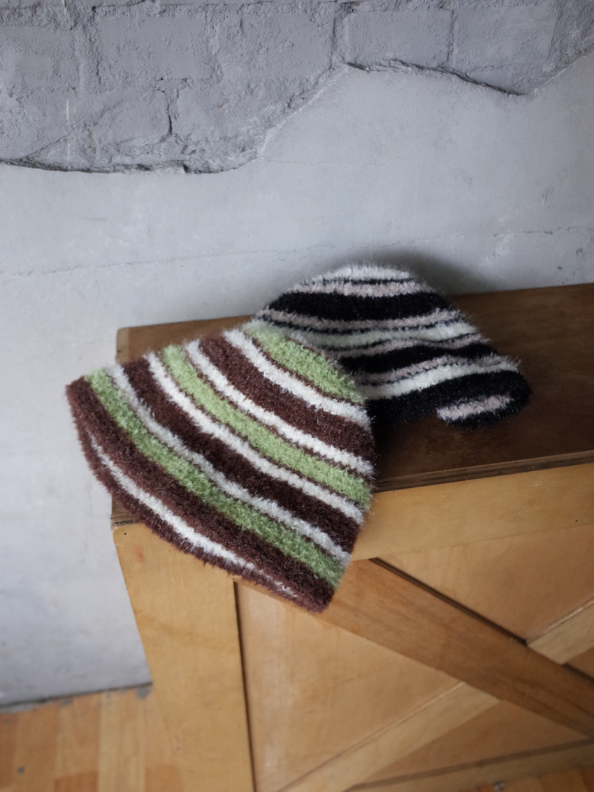 glossy fuzzy striped bucket hat