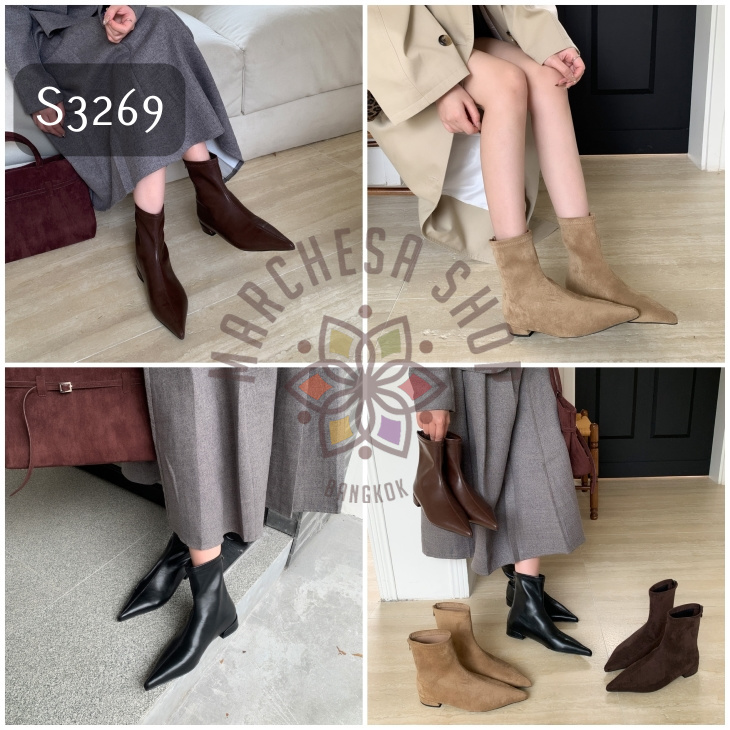 S3269 - 牛皮純色後拉鏈尖頭平底短靴