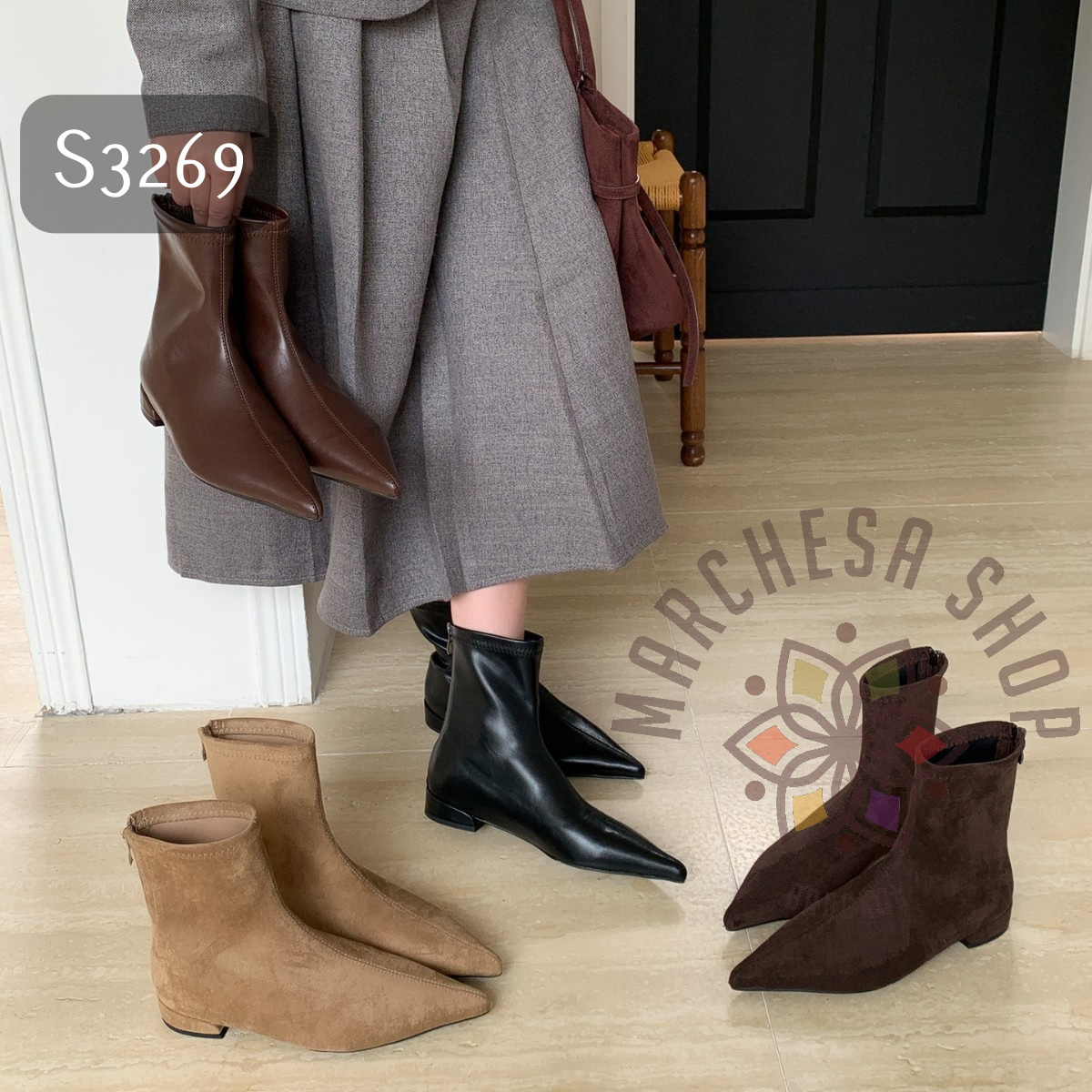 S3269 - 牛皮純色後拉鏈尖頭平底短靴