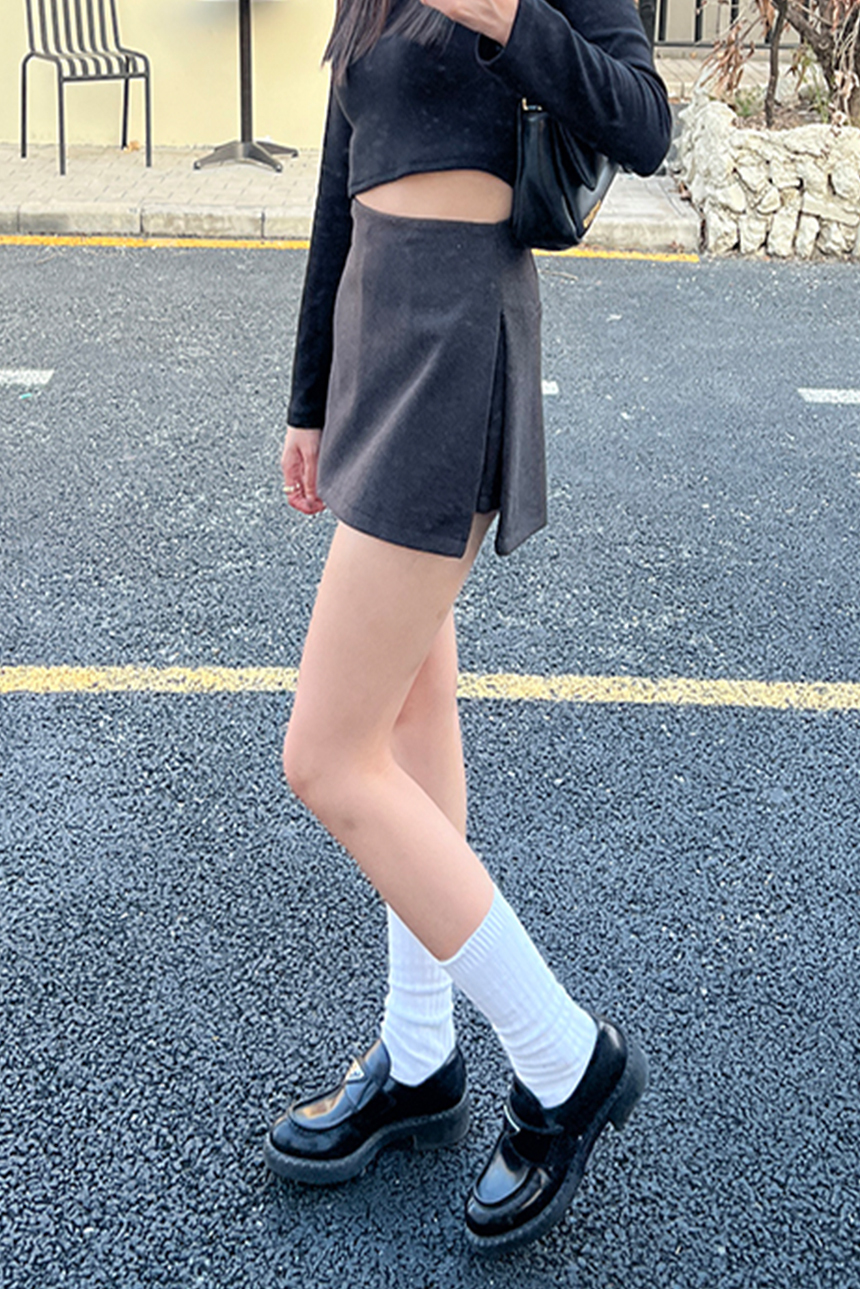 磨毛側開衩拉鍊式褲裙*2色