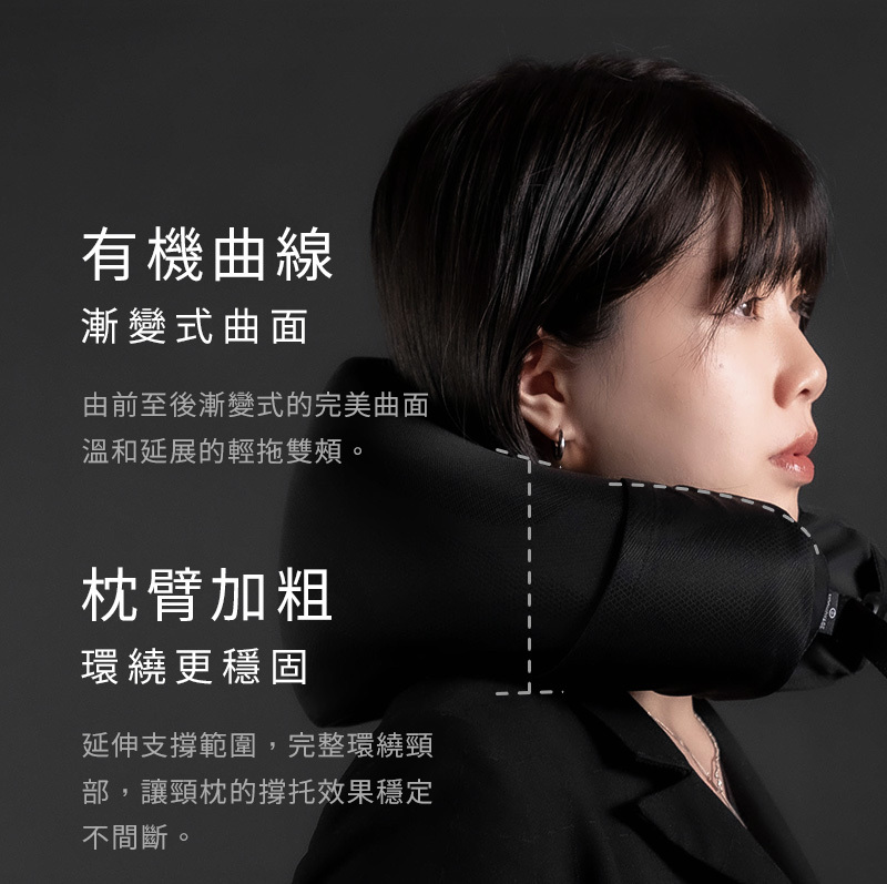 有機曲線漸變式曲面由前至後漸變式的完美曲面溫和延展的輕拖雙頰。枕臂加粗環繞更穩固延伸支撐範圍,完整環繞頸部,讓頸枕的撐托效果穩定不間斷。