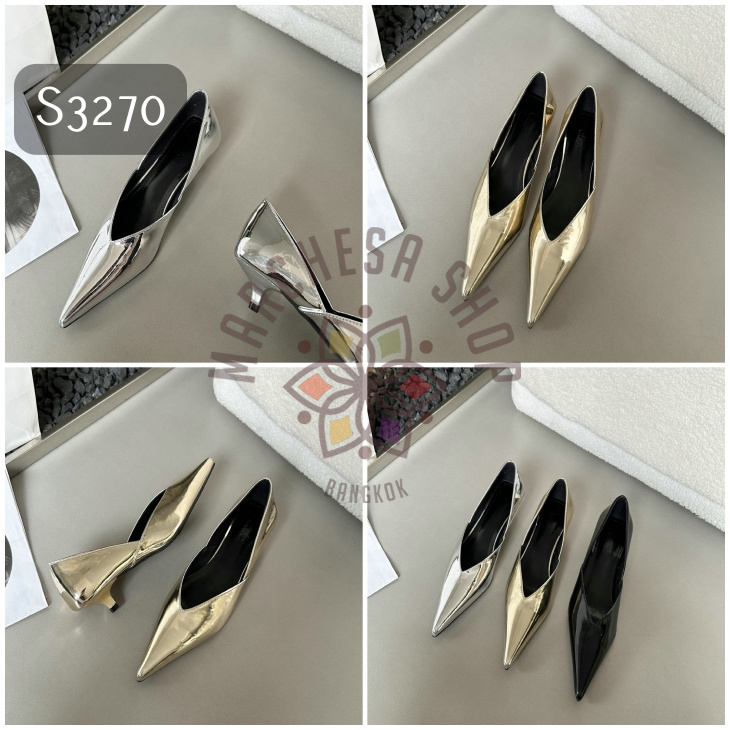 S3270 - 羊皮鏡面側V口尖頭低踭鞋