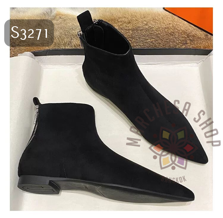 S3271 - 羊皮純色後踭後拉鏈尖頭平底踝靴