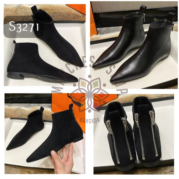 S3271 - 羊皮純色後踭後拉鏈尖頭平底踝靴